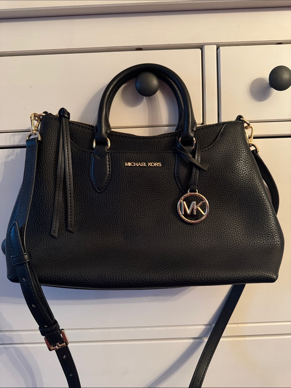 Michael Kors Black Pebbled Leather Satchel with Gold MK Charm